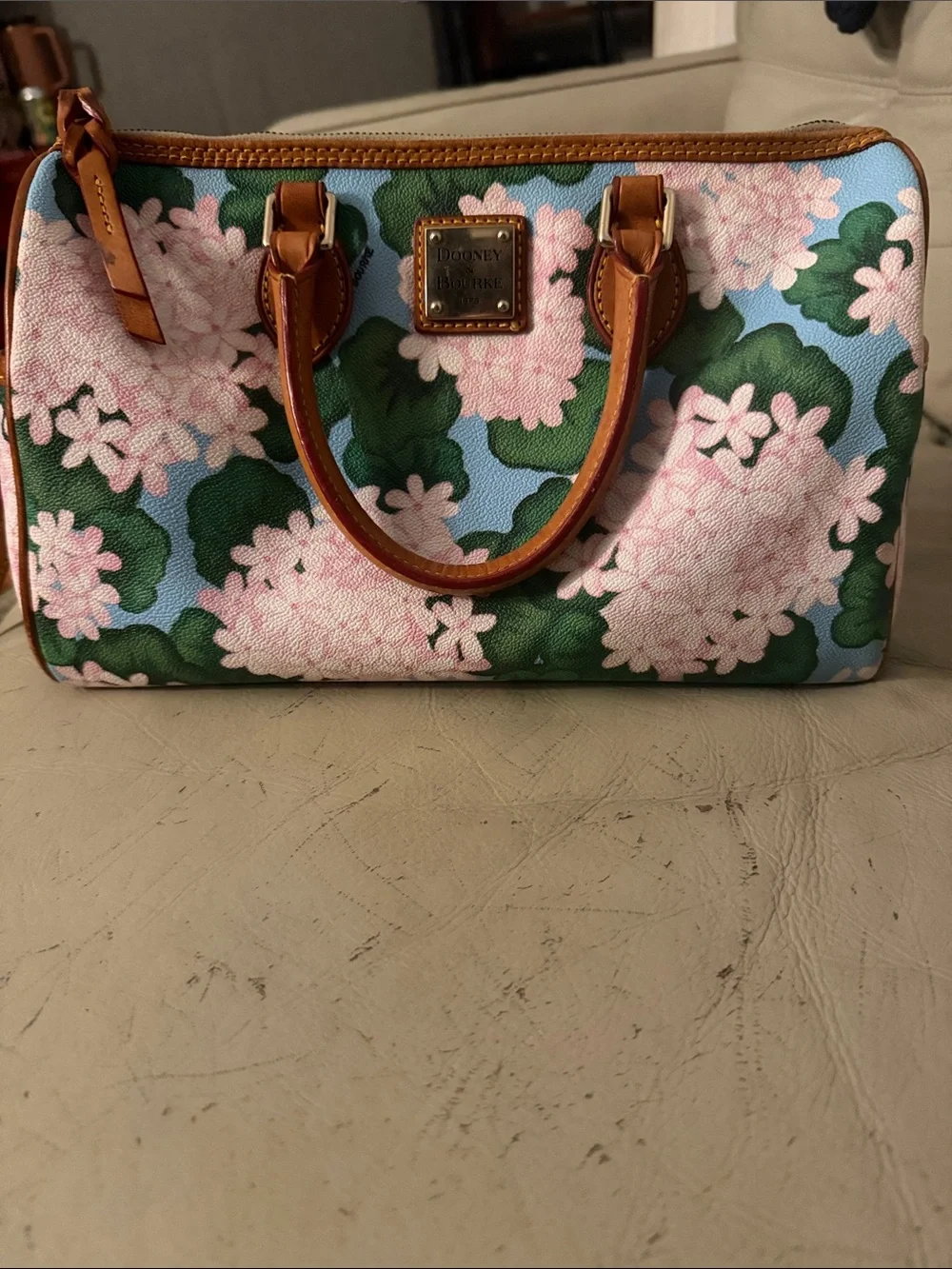 Dooney & Bourke Pink Floral Mini Satchel with Green Leaves on Blue